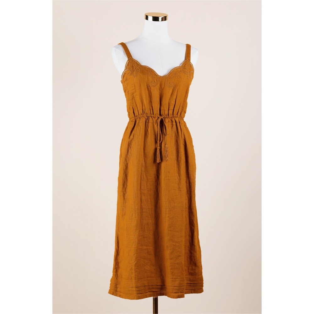 Sz 0 J. Crew 100% Linen Mustard Yellow Embroidered Drawstring Midi Dress EUC
